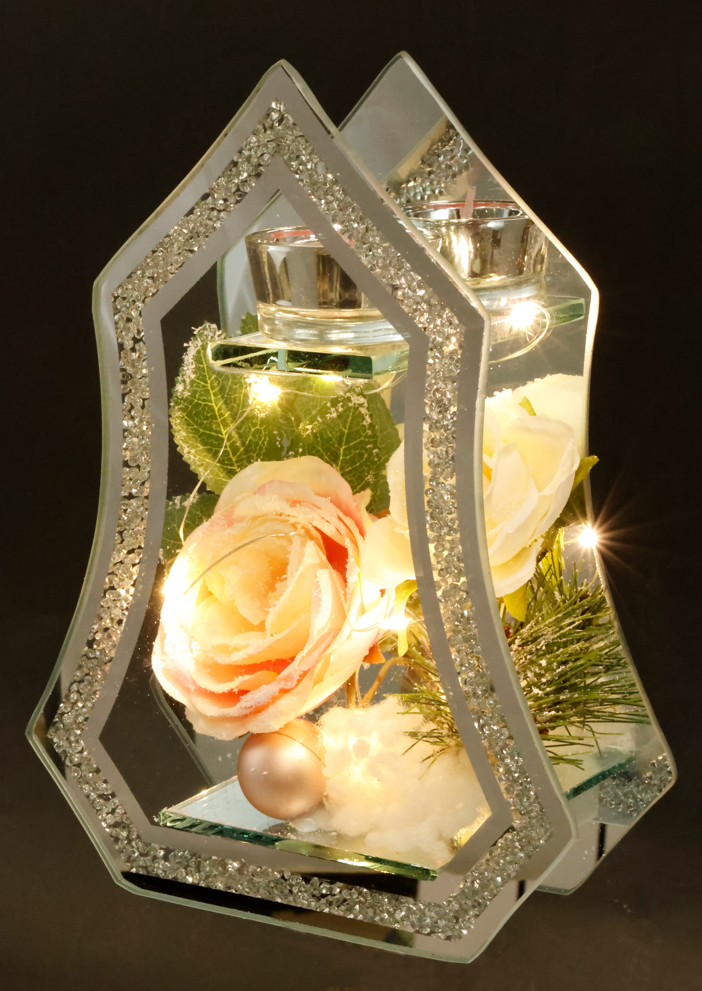 I.GE.A. Teelichthalter »Deko-Objekt mit LED Licht und Teelichtkerze« Mit Rose Tanne Kugel Kunstschnee Weihnachtsdeko Kerzenhalter Geschenk