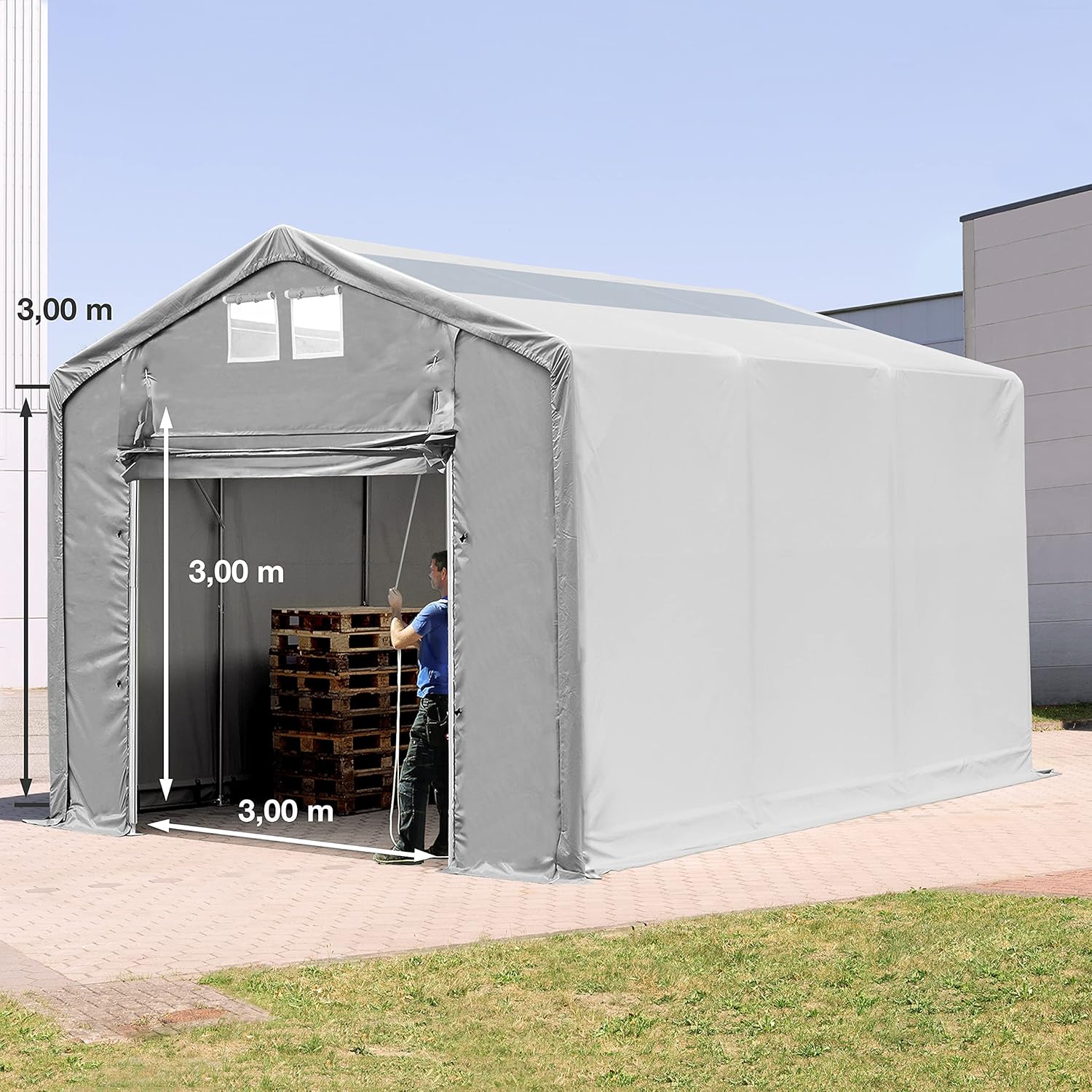 TOOLPORT Lagerzelt Zelthalle Weidezelt 4x6x3 m mit Hochziehtor - durchgehende PVC Plane 850 N mit Oberlicht - Wasserdicht