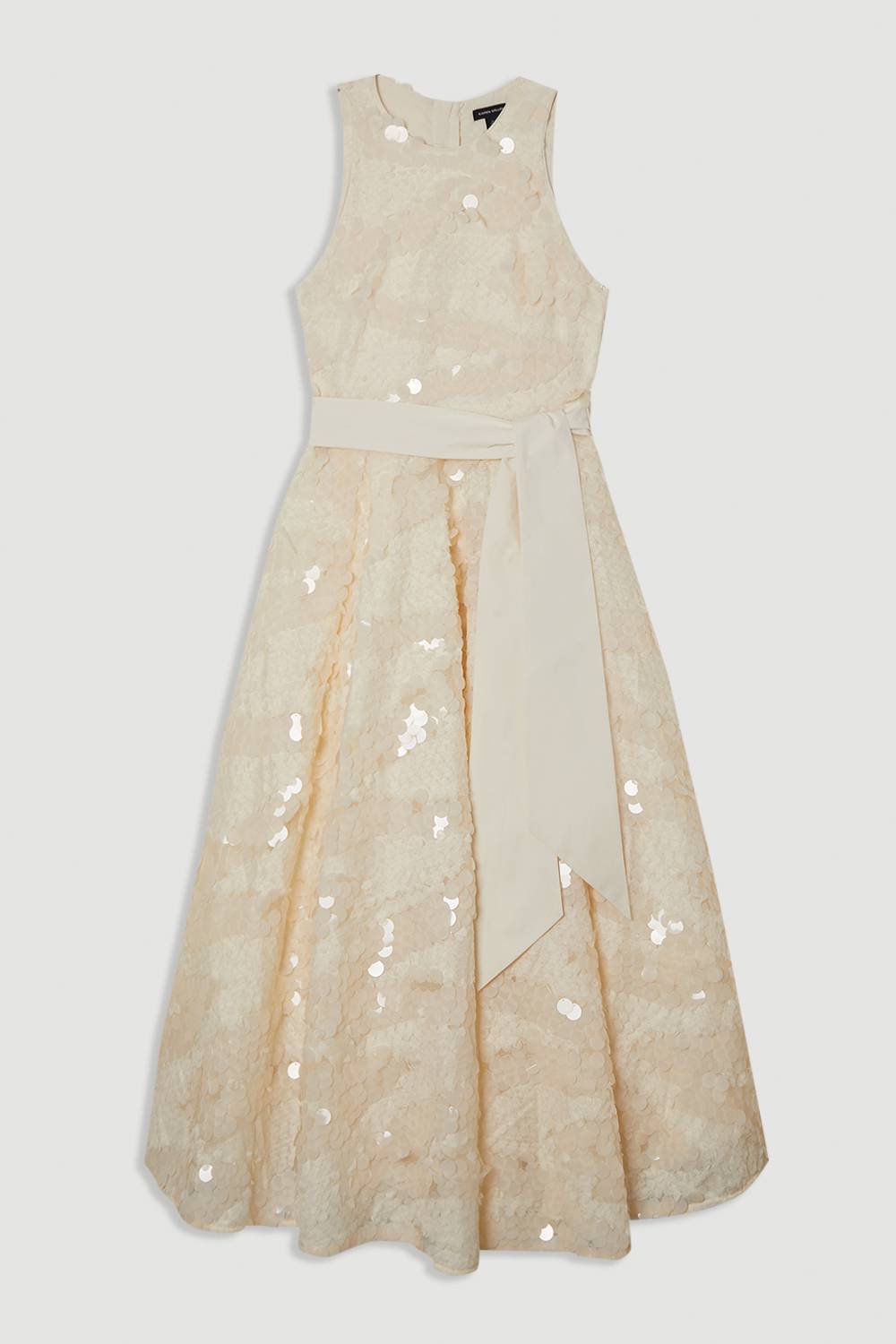 KarenMillen Robe de bal maxi texturée à sequins floraux, ceinturée et nouée