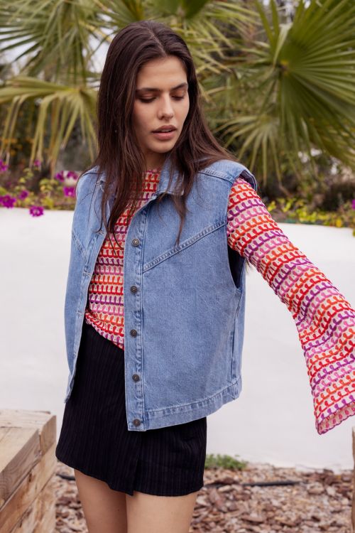 Blauw denim gilet met schoudervulling