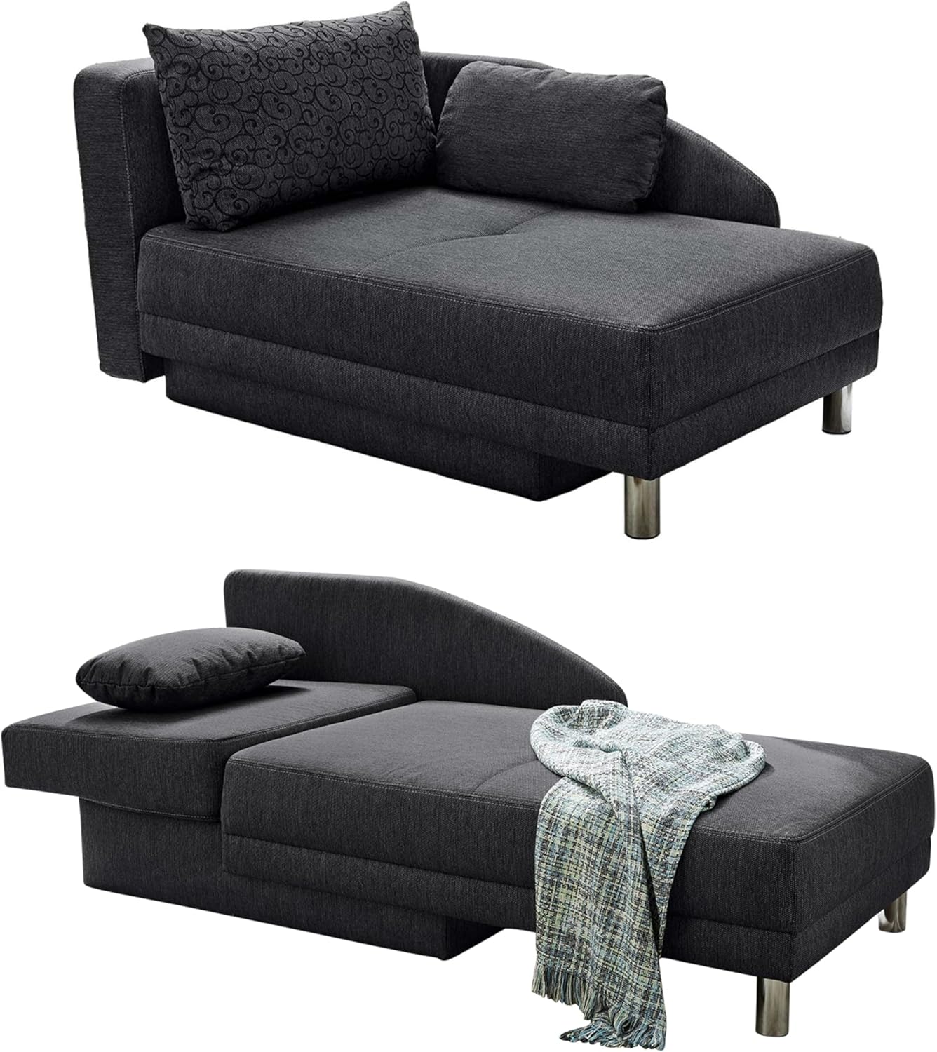 Stilvolle Recamiere mit Federkernpolsterung, Schlaffunktion, Bettkasten, B149/T90/H80 cm, ausziehbar zur Liegefläche von 200 x 84 cm, Stoff Flachgewebe in Anthrazit / 15121