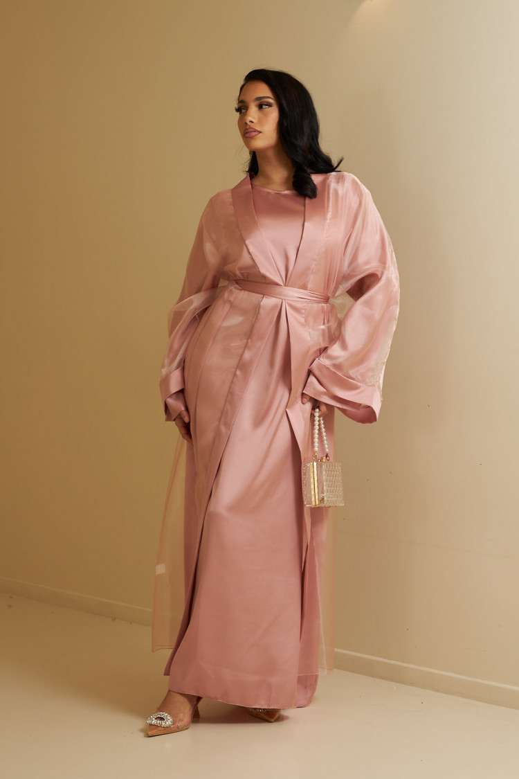 Ensemble 2 pièces abaya + kimono ceinturé rose