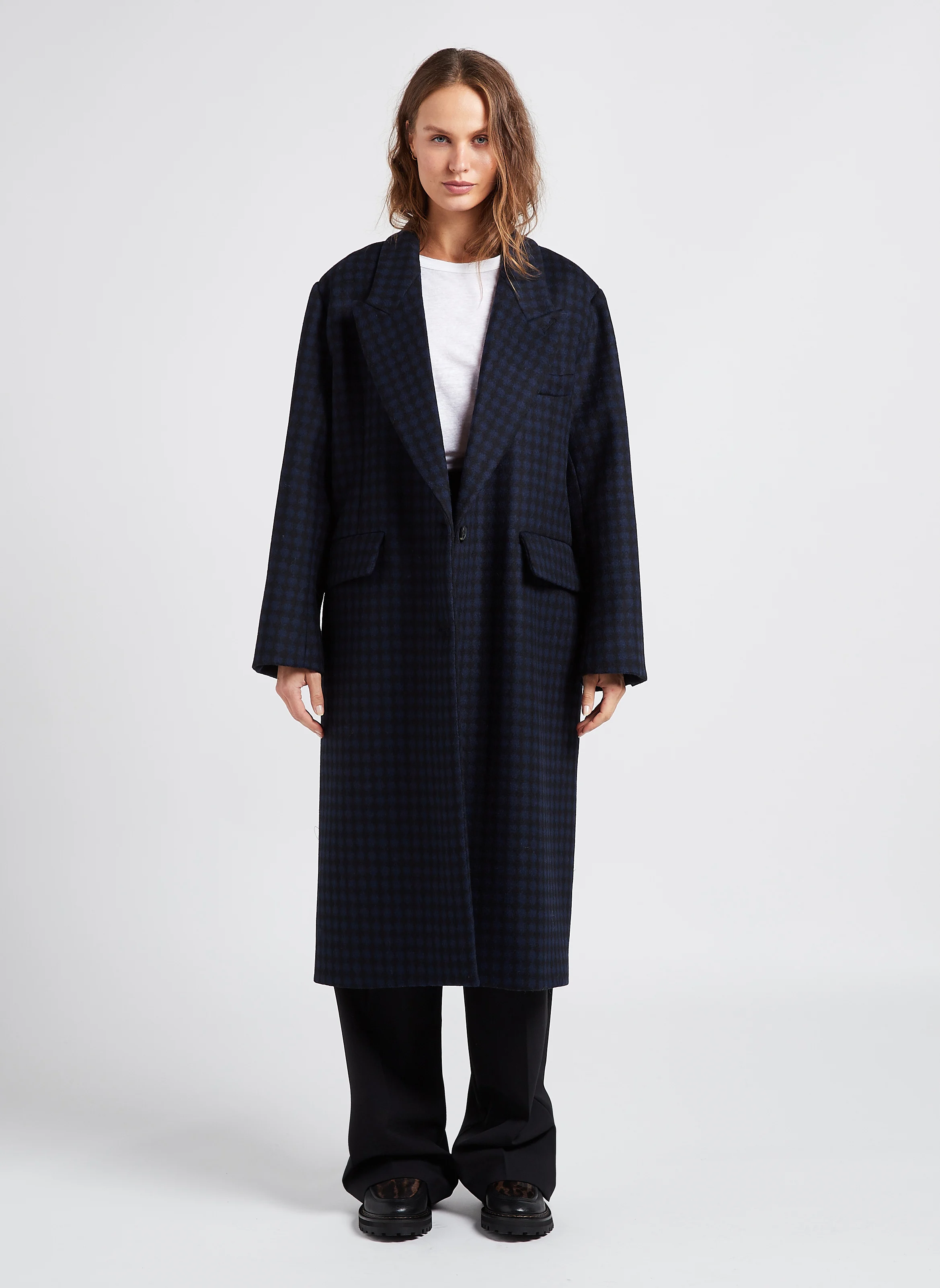 BERRY - Manteau long col tailleur à pois en laine mélangée | Bleu