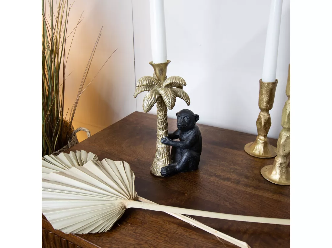 Now's Home - Bougeoir Palmier Dore Avec Singe Noir 11x9x19cm Rico