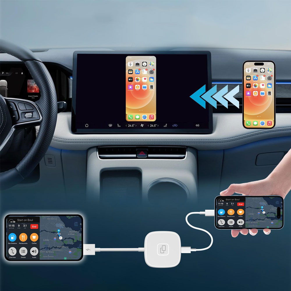 Apple Carplay Screen Mirroring / Videowiedergabe Auto KFZ USB A / USB C Adapter für Apple iOS (Kabelgebunden) - Weiss