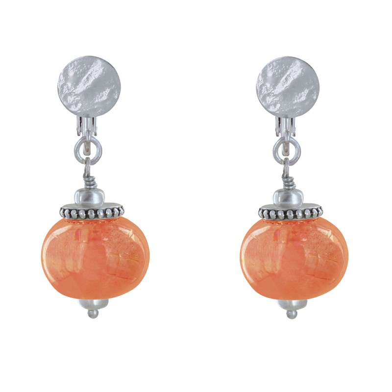 Boucles d'Oreilles Clip Métal Argenté et Grosses Perles en Céramique
