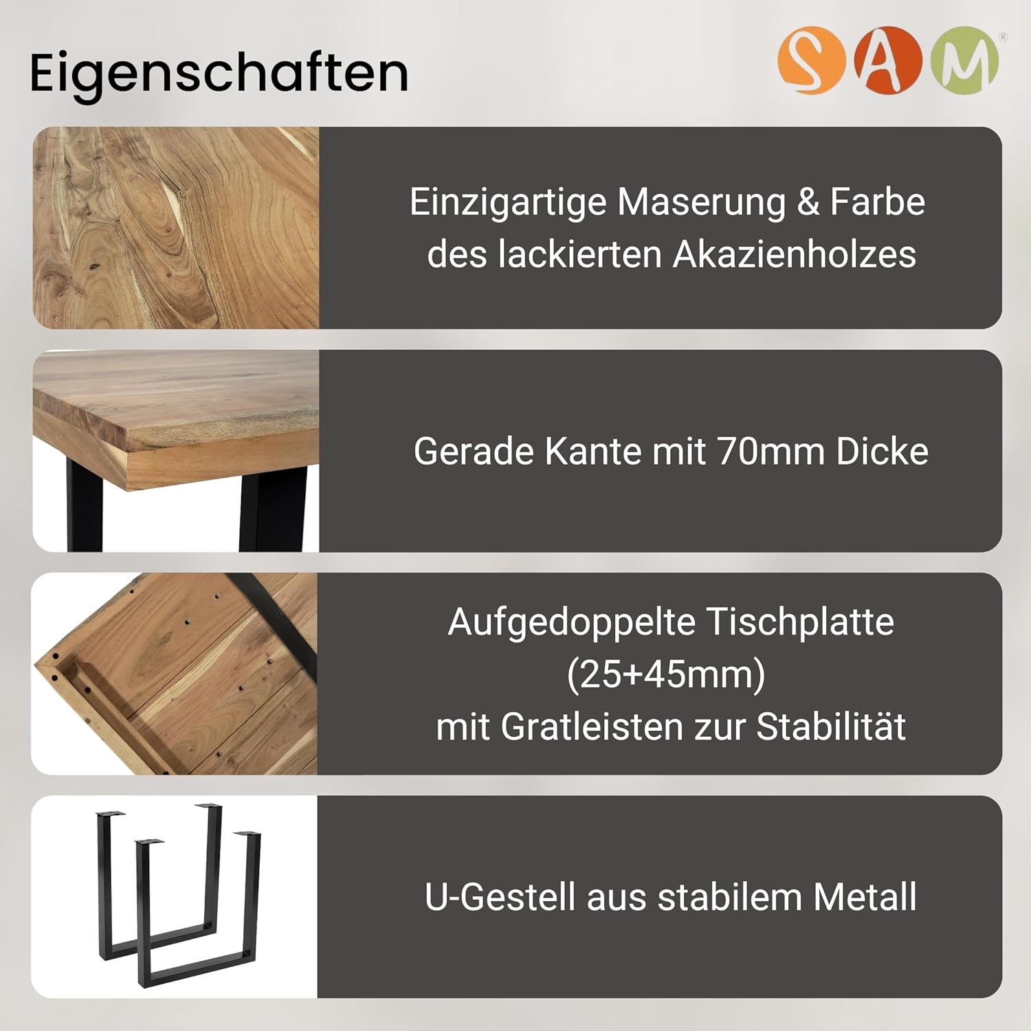SAM Esstisch 120 x 80 cm Rio, Esszimmertisch naturfarben, Akazienholz massiv, U-Gestell aus Metall Schwarz, gerade Kanten