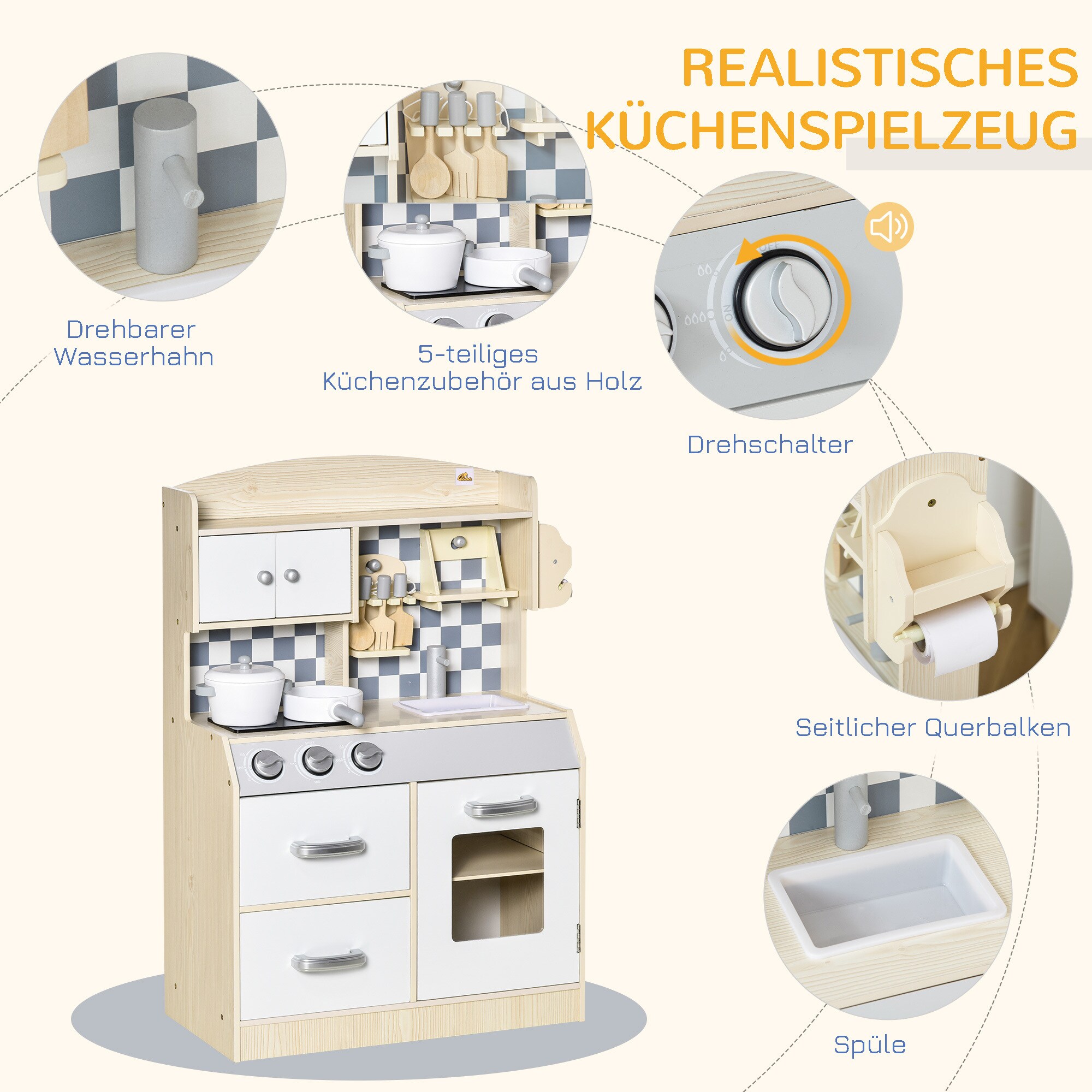 HOMCOM Kinderküchen mit Kochgeschirrzubehör bunt 54.5L x 29B x 80H cm