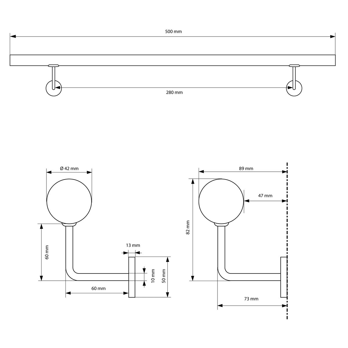 ECD Germany RVS V2A Leuning 50 cm, rond Ø42 mm, roestvrij, geborsteld, binnen/buiten, incl. muurbeugel, RVS leuning, wandleuning, trapleuning, leuning, trap, muurbeugel, steunbeugel