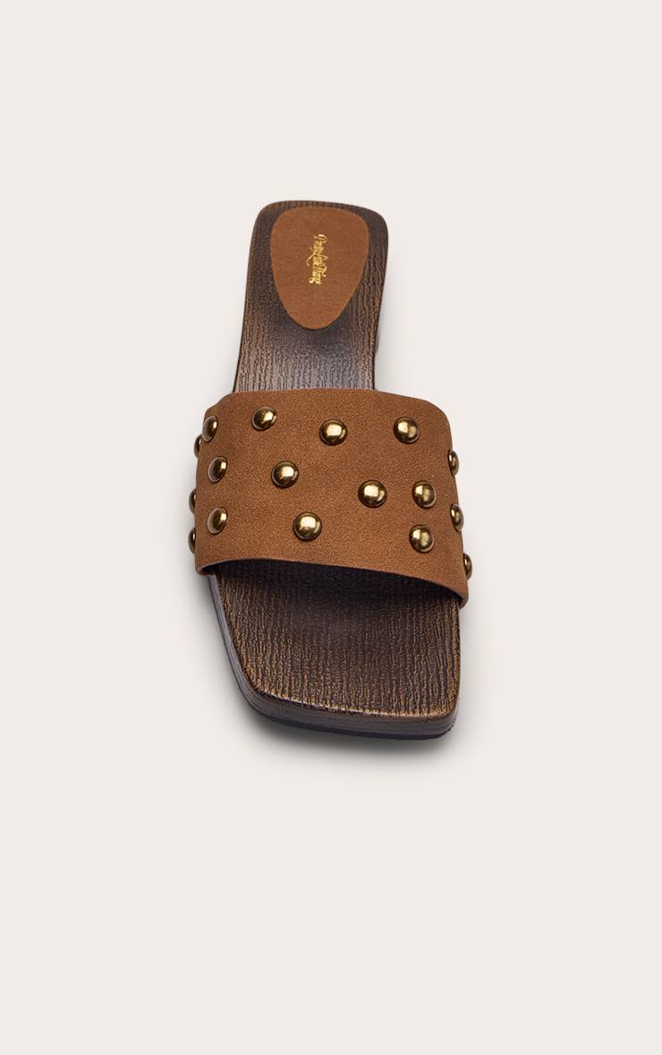 Marron Mules À Talon Bloc Chaton En Synthétique Avec Clous