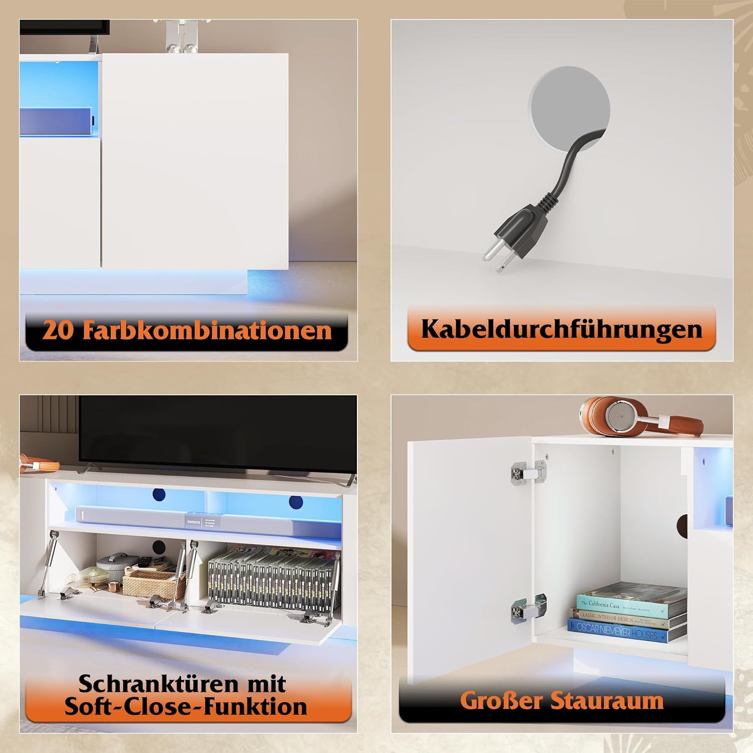 WLIVE TV-Schrank LED für Fernseher bis zu 75 Zoll, TV Lowboard mit Großem Stauraum, Fernsehtisch mit RGB LED-Beleuchtung, TV Board für Wohnzimmer Schlafzimmer, Weiß
