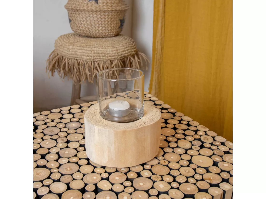 Now's Home - Photophore Avec Verre Base En Teck Dia13xh7cm Biak