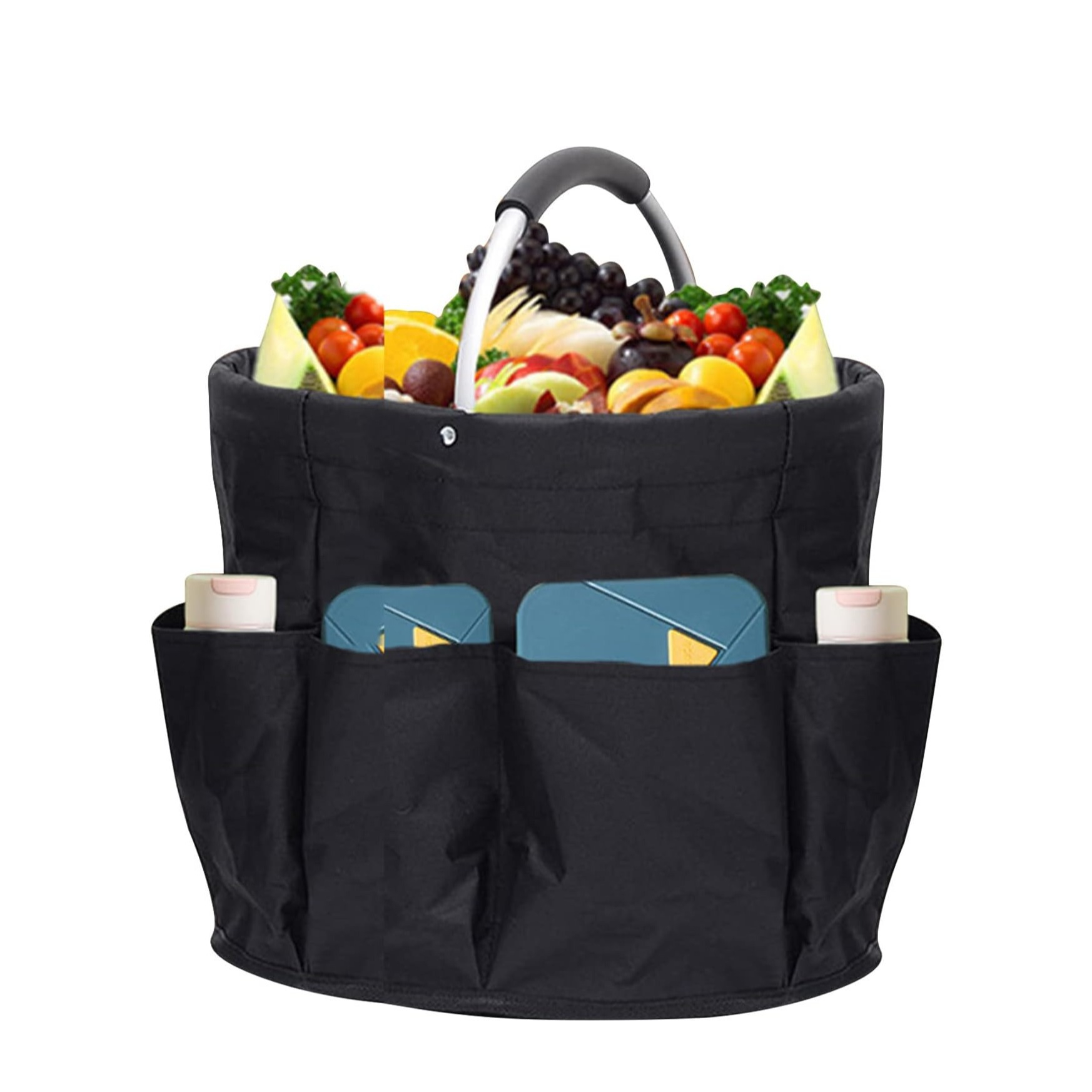 (Ø28x25cm) Faltbarer Reinigungsmittel Organizer Einkaufs Tasche Picknick Korb mit 6 Seitentaschen - Schwarz