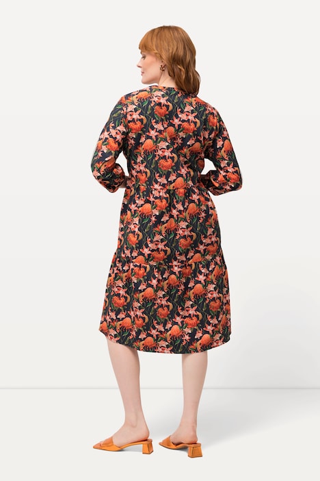 Tunikakleid, Magnolien, A-Linie, V-Ausschnitt, 3/4-Arm