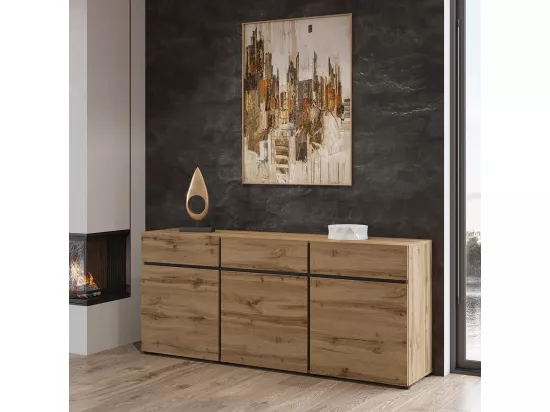 Buffet coloris chêne et noir 180cm collection HAVANA. Bahut design avec 3 portes et 3 tiroirs.