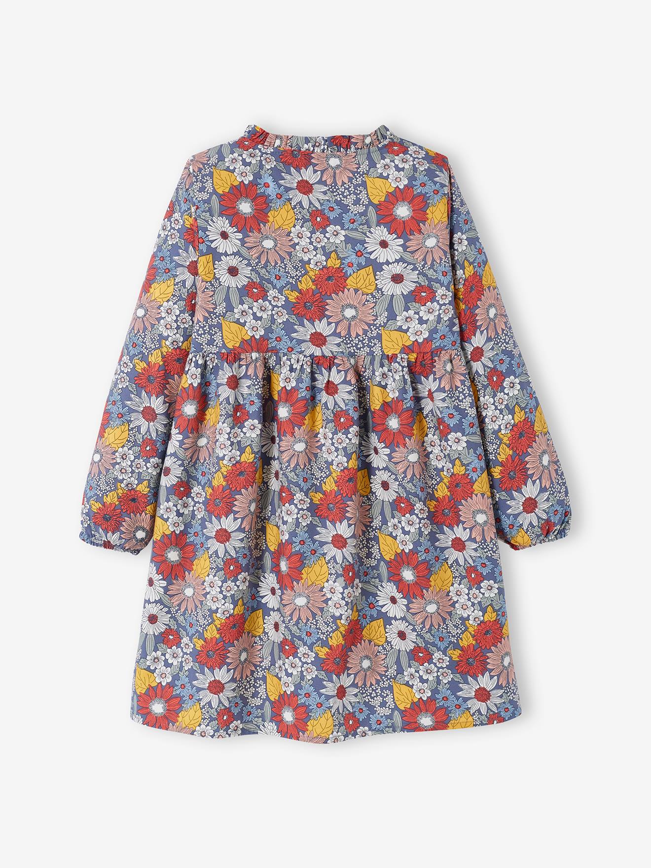 Vestido floral com ombros franzidos, estampa azul médio para menina.
