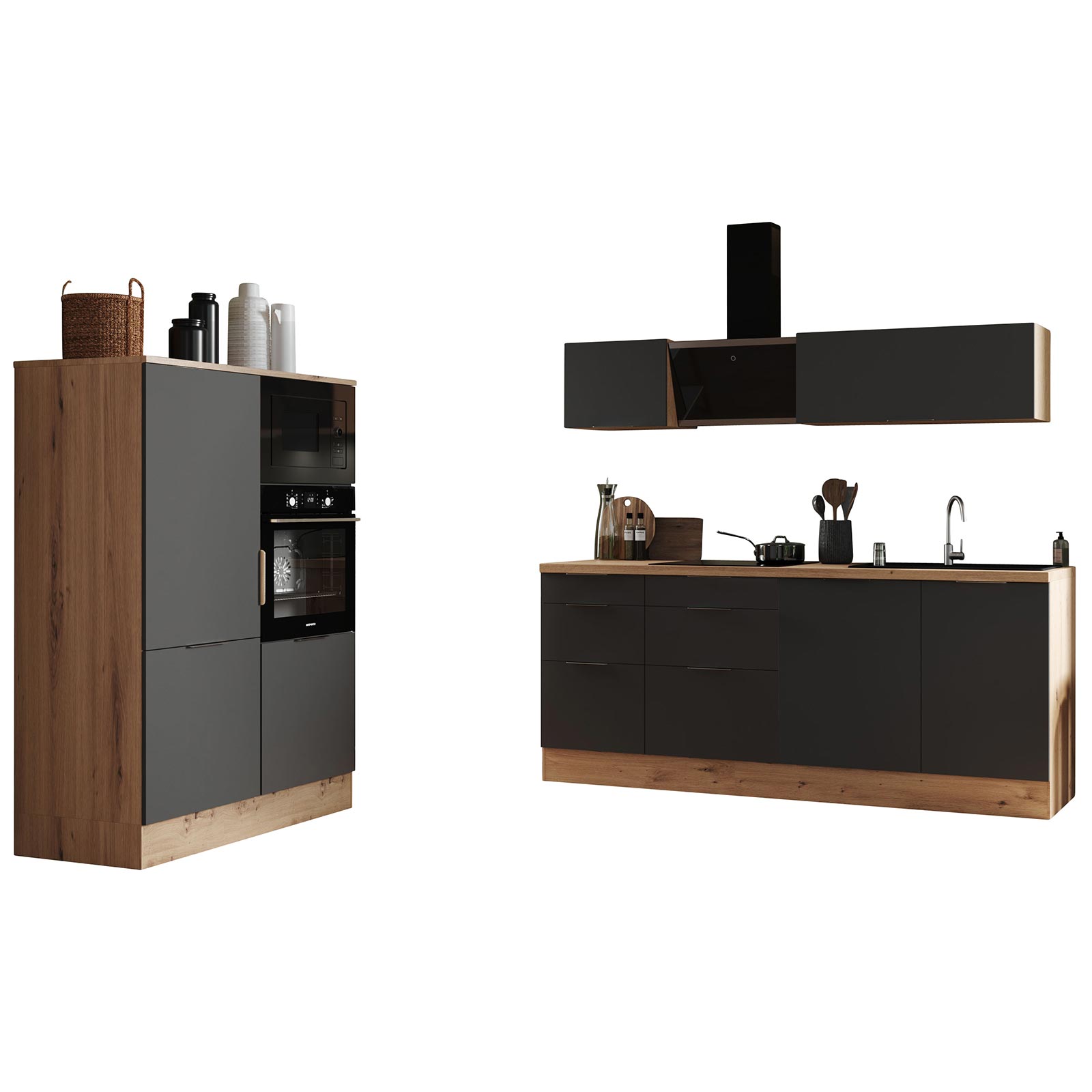 RESPEKTA Küchenblock - grau matt - Artisan Eiche - mit E-Geräten - 340 cm