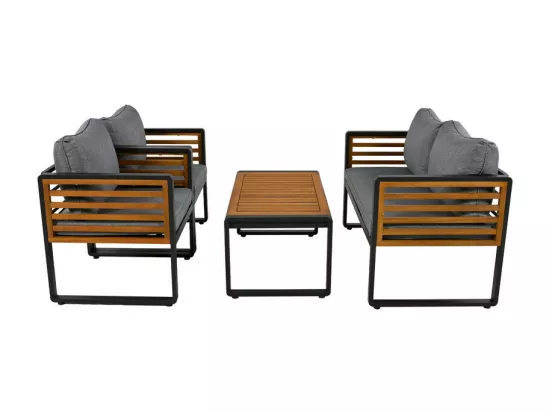 Salon de jardin en Fer 4 personnes - 1 canapé、2 fauteuils et 1 table basse - décoré de Bois d'Acacia - Gris