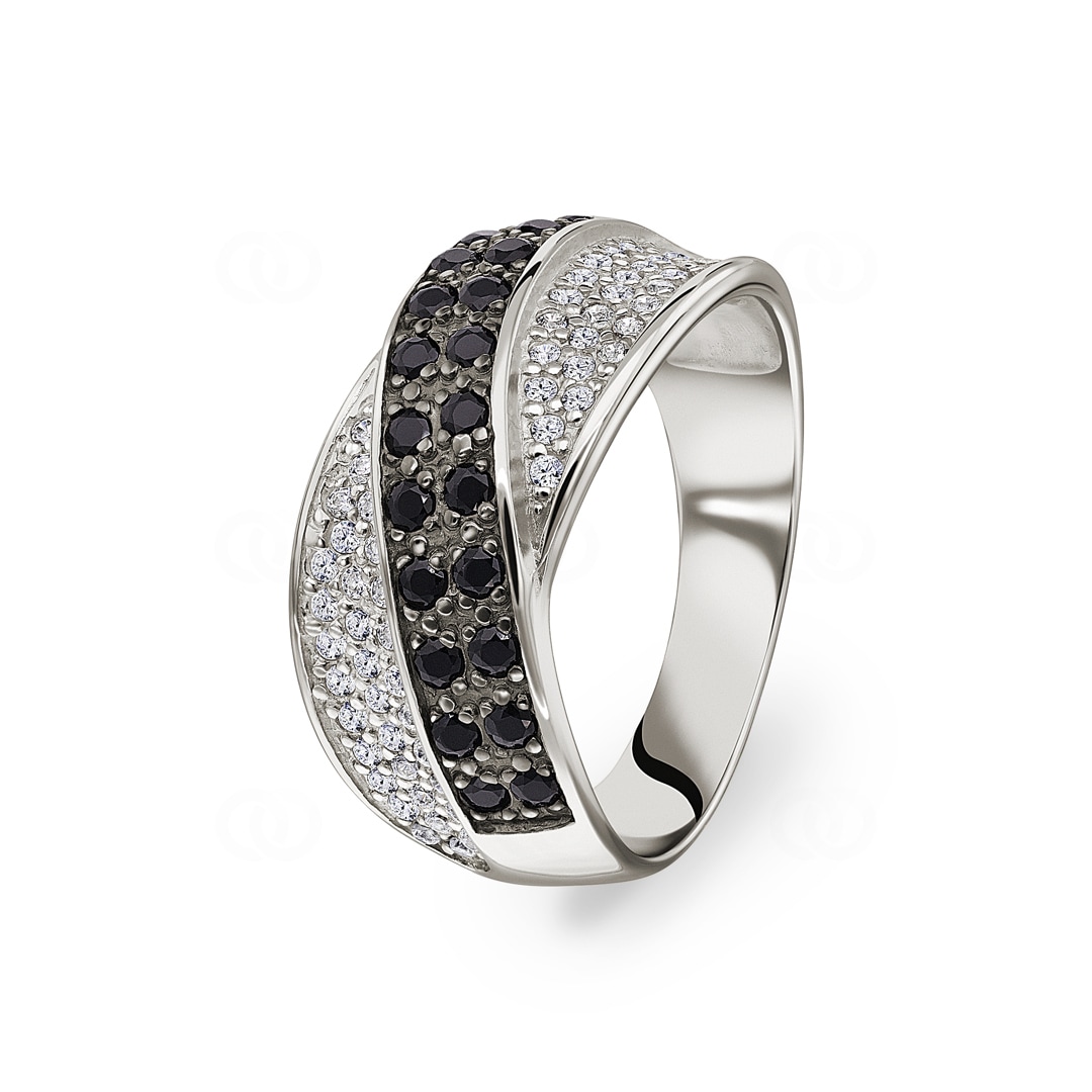 Damenring 925 Silber rhodiniert mit Zirkonia schwarz / weiss