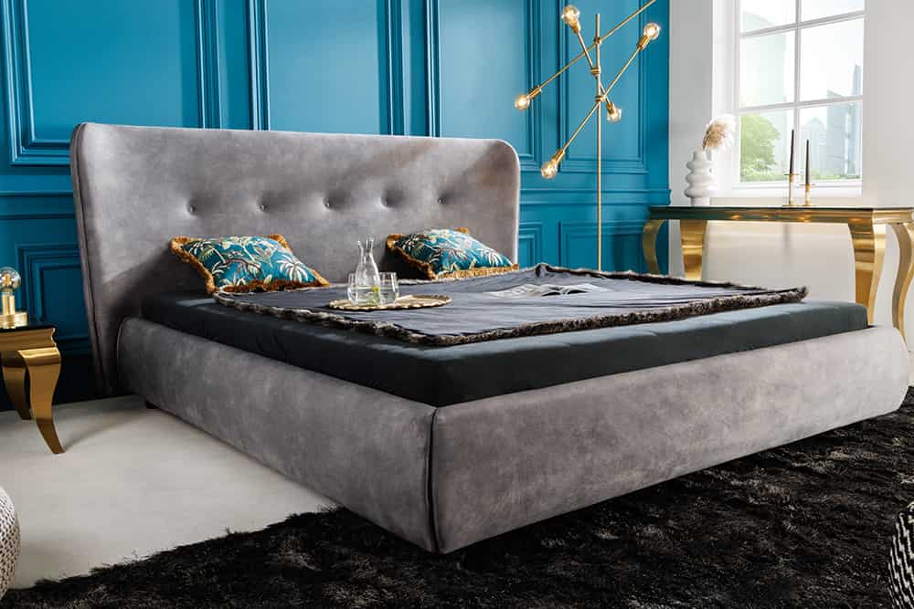 Retro Doppelbett FLORENZ 180x200cm grau Samt Kingsize Polsterbett