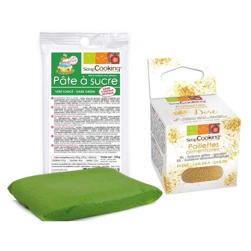 Pâte à sucre vert foncé 100 g + paillettes dorées Scrapcooking