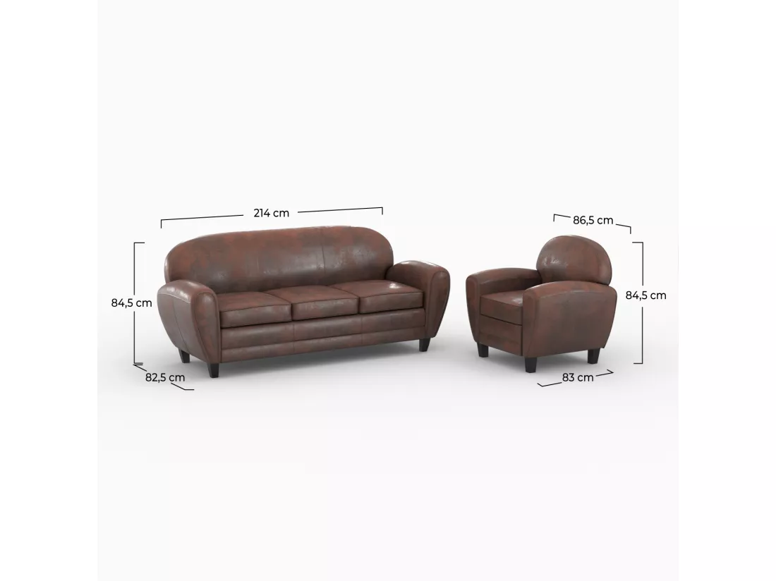 Ensemble canapé et fauteuil marron vieilli 4 places - Club