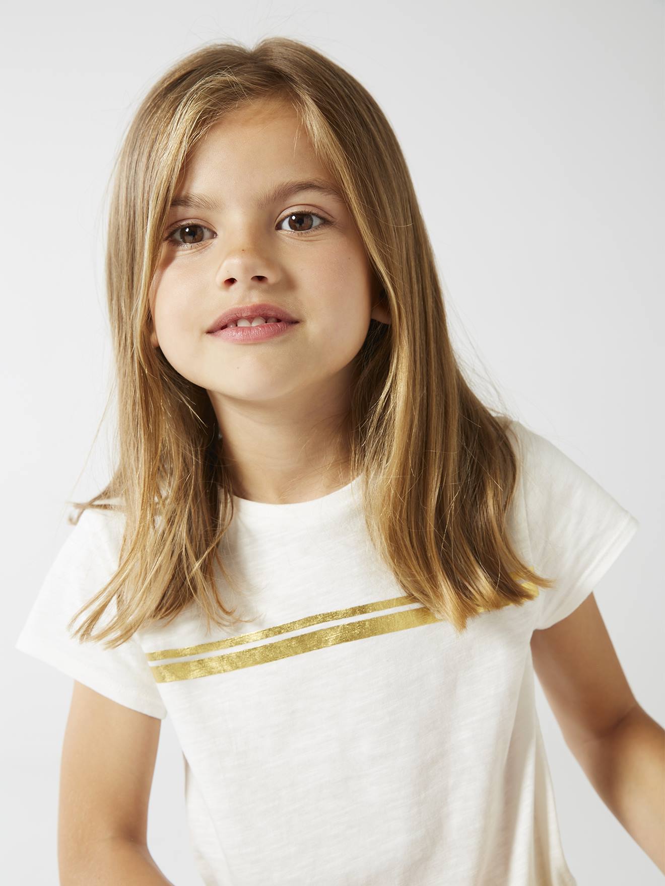 Camiseta esportiva listrada iridescente para meninas, lisa, branca clara com estampas.