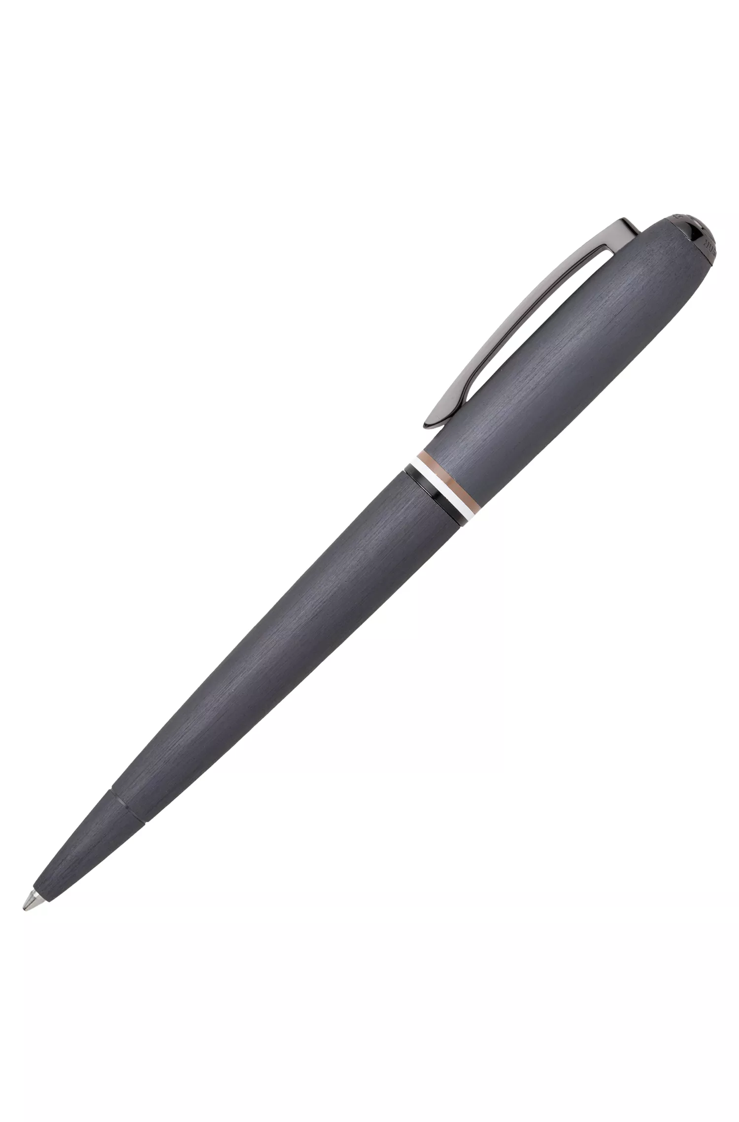 Caneta esferográfica BOSS preta escovada com anel listrado característico.