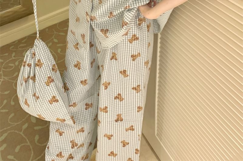 Sadelle - Pyjamatop met 3/4-mouwen, kraag en berenprint, knoopsluiting, broek, trekkoordtas en set