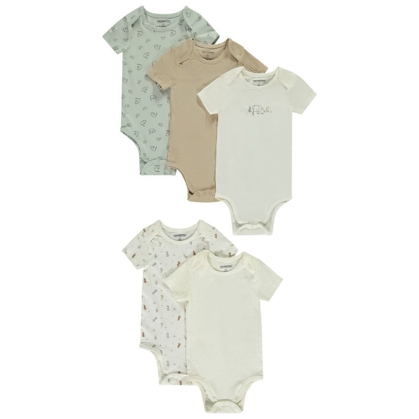 Lot de 5 bodies manches courtes fantaisie pour bébé - Ecru