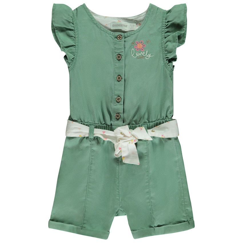 Combishort unie avec ceinture imprimée à nouer pour bébé fille - Vert