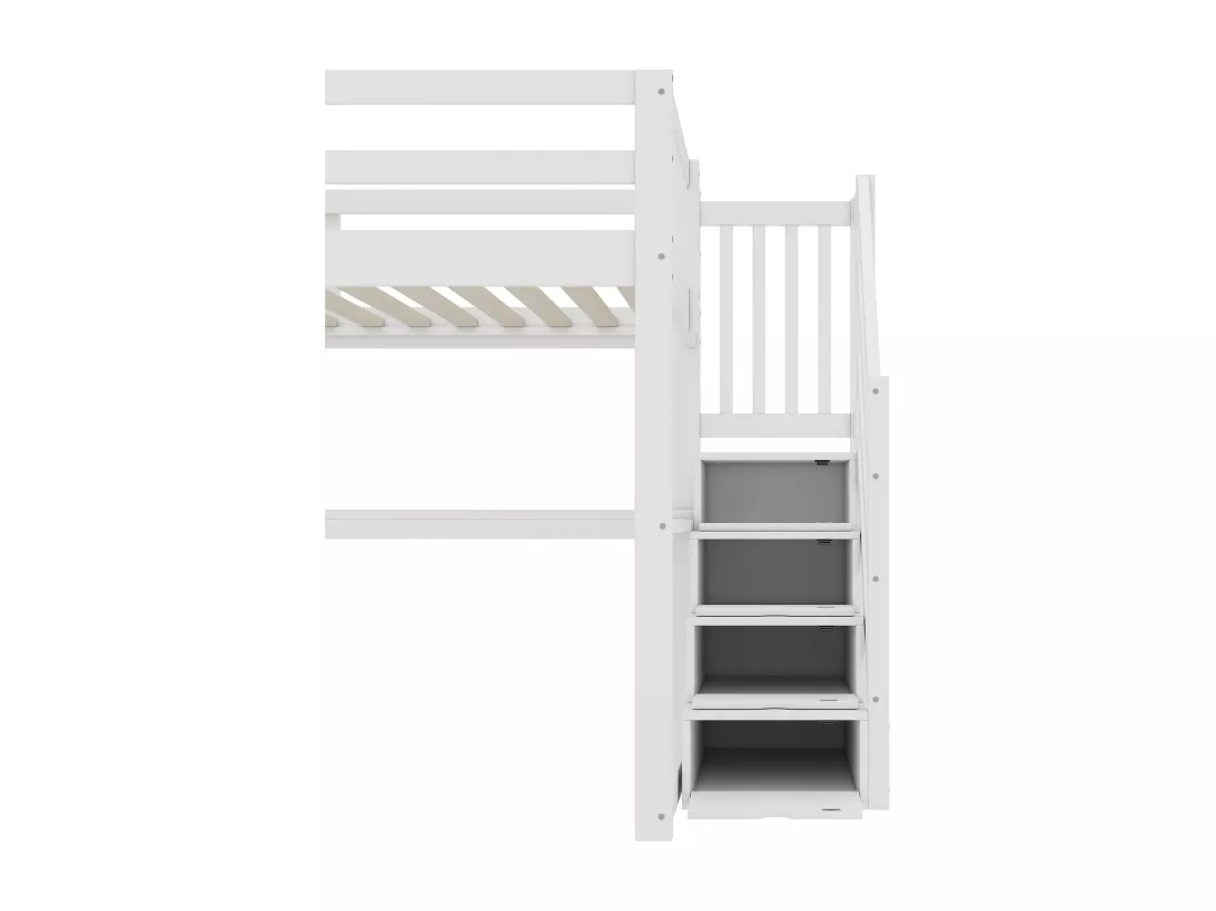 Lit mezzanine en bois de pin - 140x200cm - avec escalier de rangement et bureau - avec sommier à lattes - Blanc