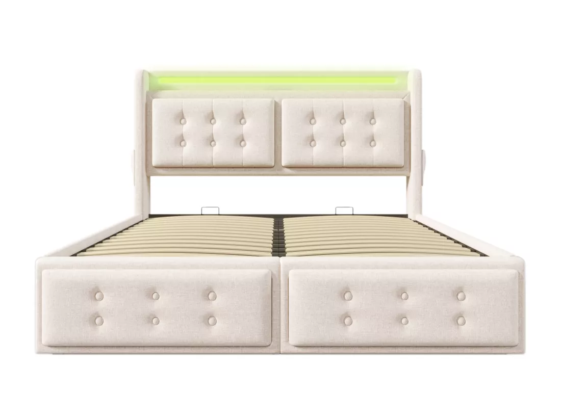 Lit coffre 180x200cm en tissu lin - avec LED et Ports de recharge - Beige