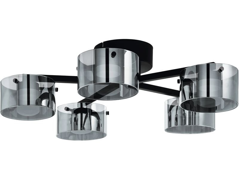 EGLO Leuchten LED-Deckenleuchte Copillos LED 5 x 5, 4W 3000 Moderne LED-Deckenleuchte mit fünf Leuchtenarmen aus schwarzem Metall und runden Rauchglas-Lampenschirmen