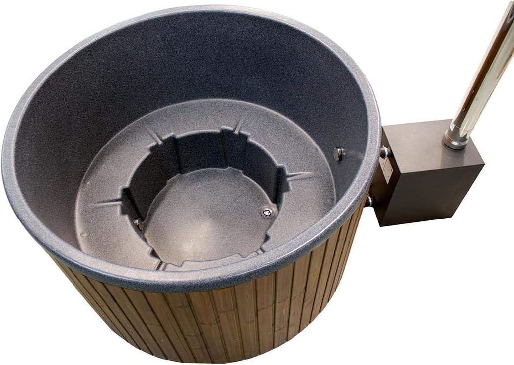 bambus-discount.com Hot Tub 180cm Set montiert mit Holzofen und Polyethylen Wanne schwarz marmoriert für Urlaub zu Hause