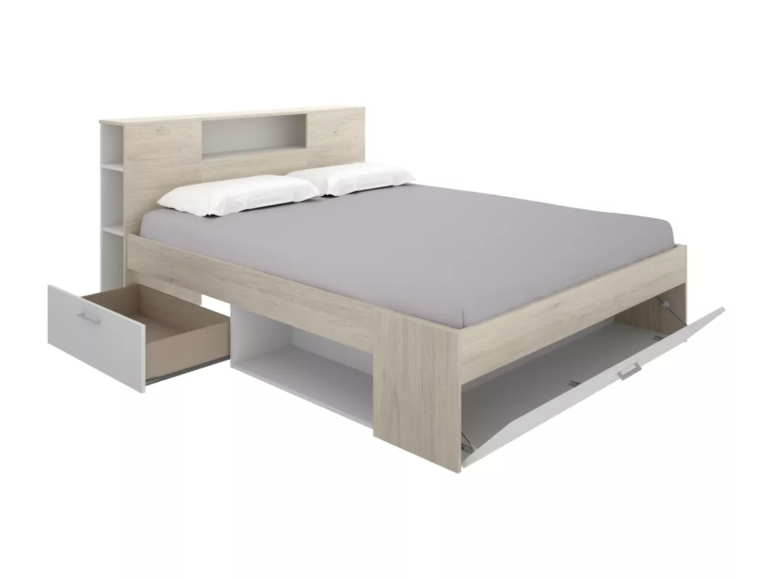 Lit avec tête de lit rangements et tiroir - 180 x 200 cm - Coloris : Naturel et blanc + Sommier - LEANDRE
