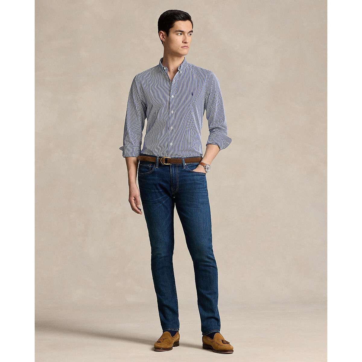 POLO RALPH LAUREN<br>Camisa listrada em popeline elástica, modelagem slim