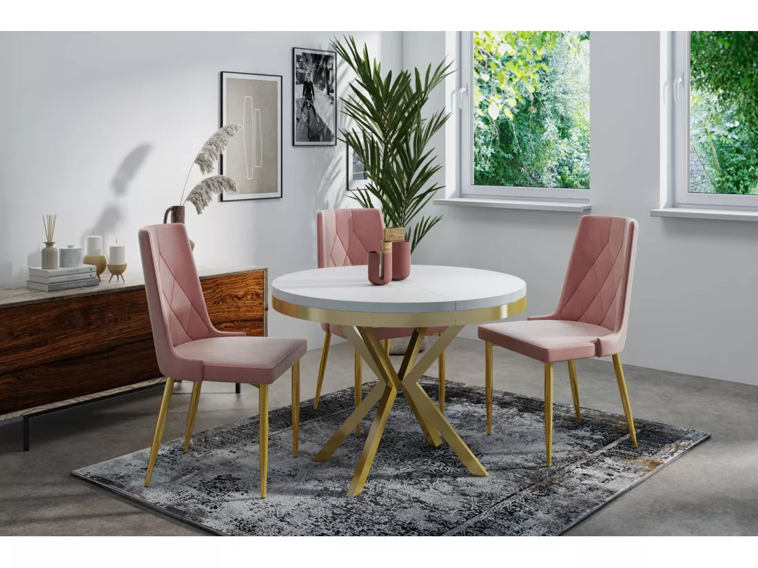 Table à Manger Extensible Ronde - Table Style Loft Avec Doré Pieds En Métal - 90 à 170 Cm - Table Ronde Style Industriel Pour Le Salon - Compacte - 90 Cm - Blanc