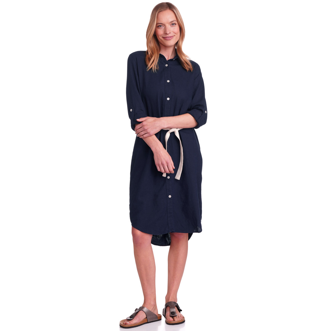 Gina Benotti Damen Leinen-Kleid mit Bindegürtel dunkelblau