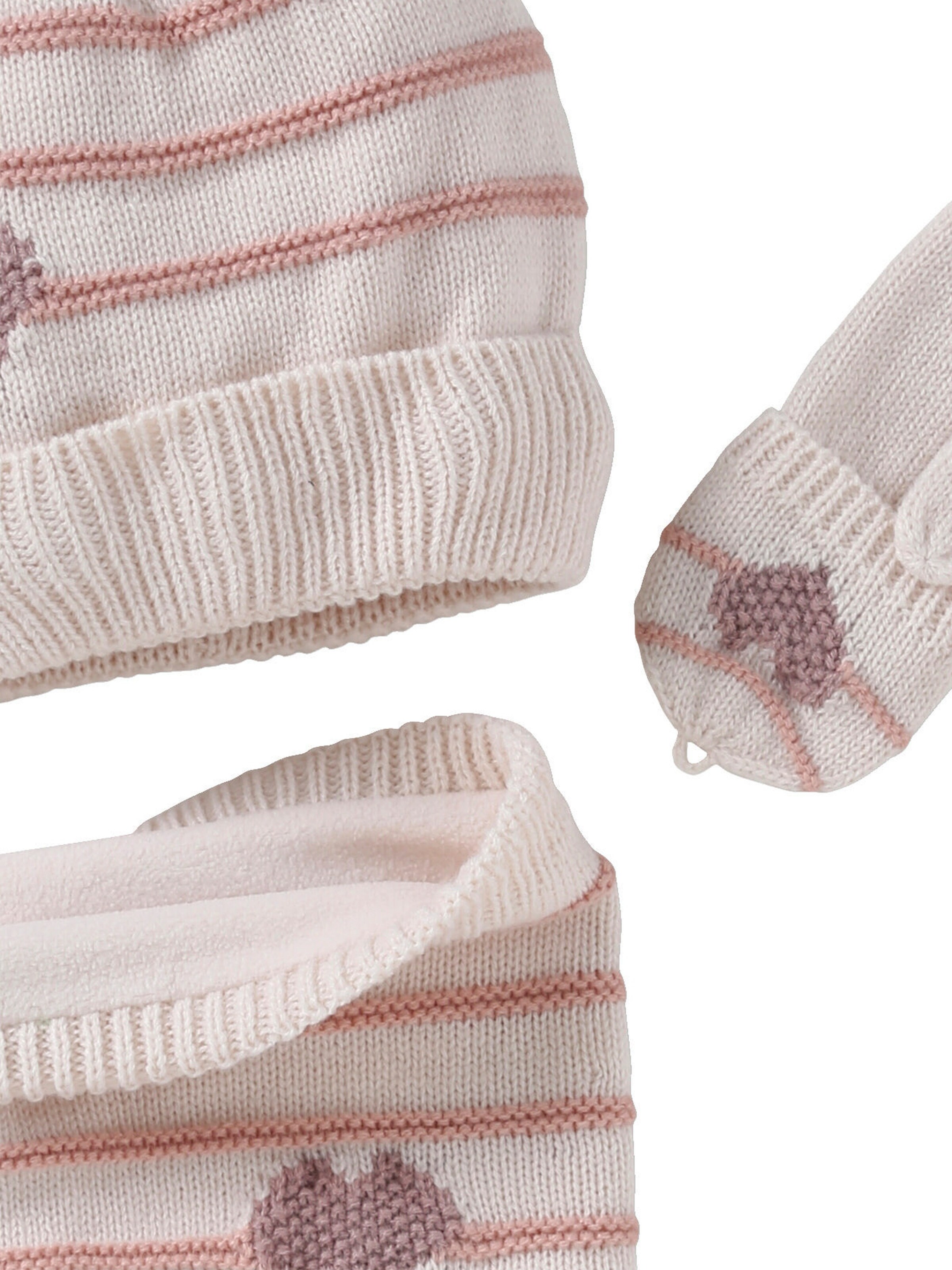 Vertbaudet Mädchen-Set: Mütze, Rundschal & Handschuhe Streifen/Herzen wollweiß/rosa