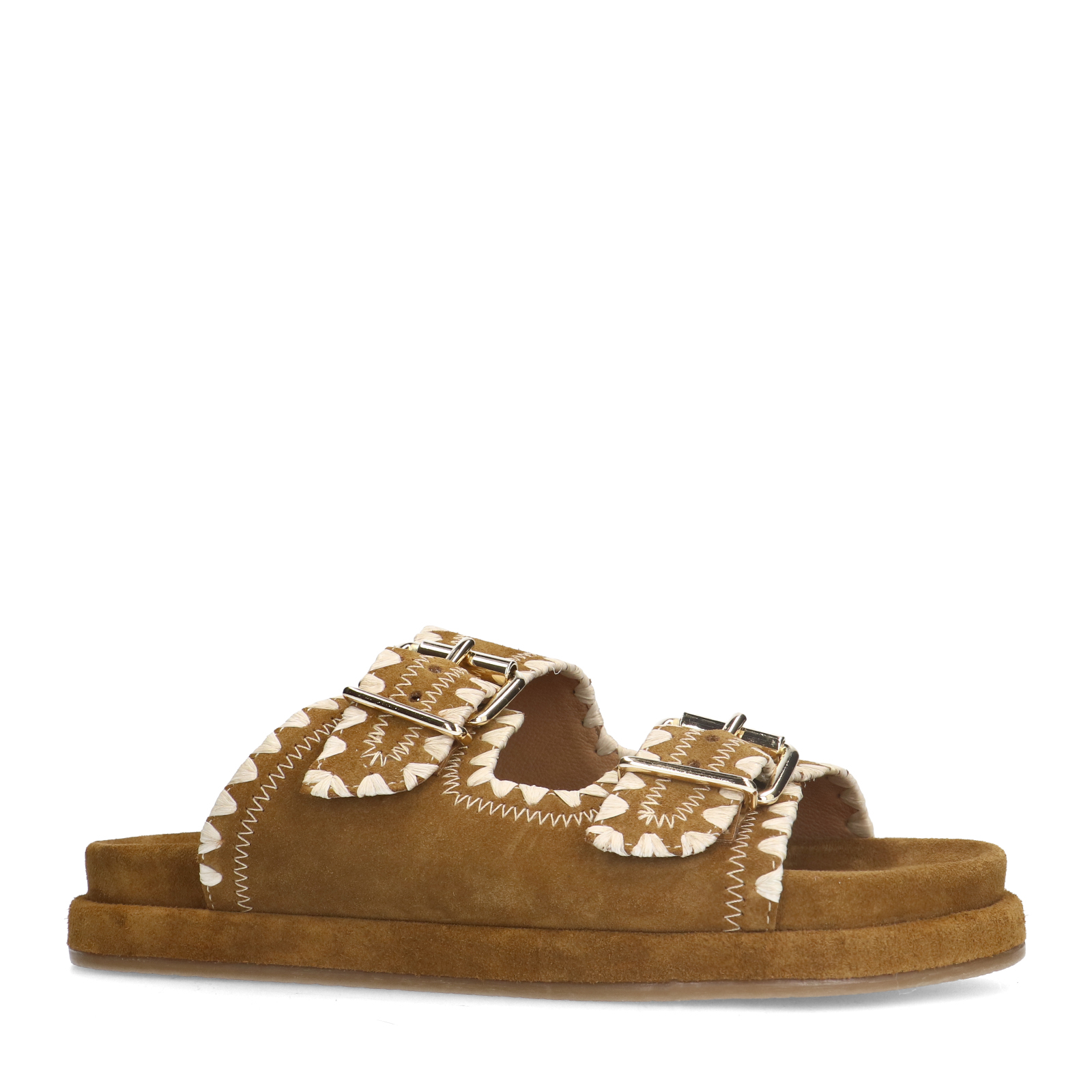 Suède cognac slippers met gesp