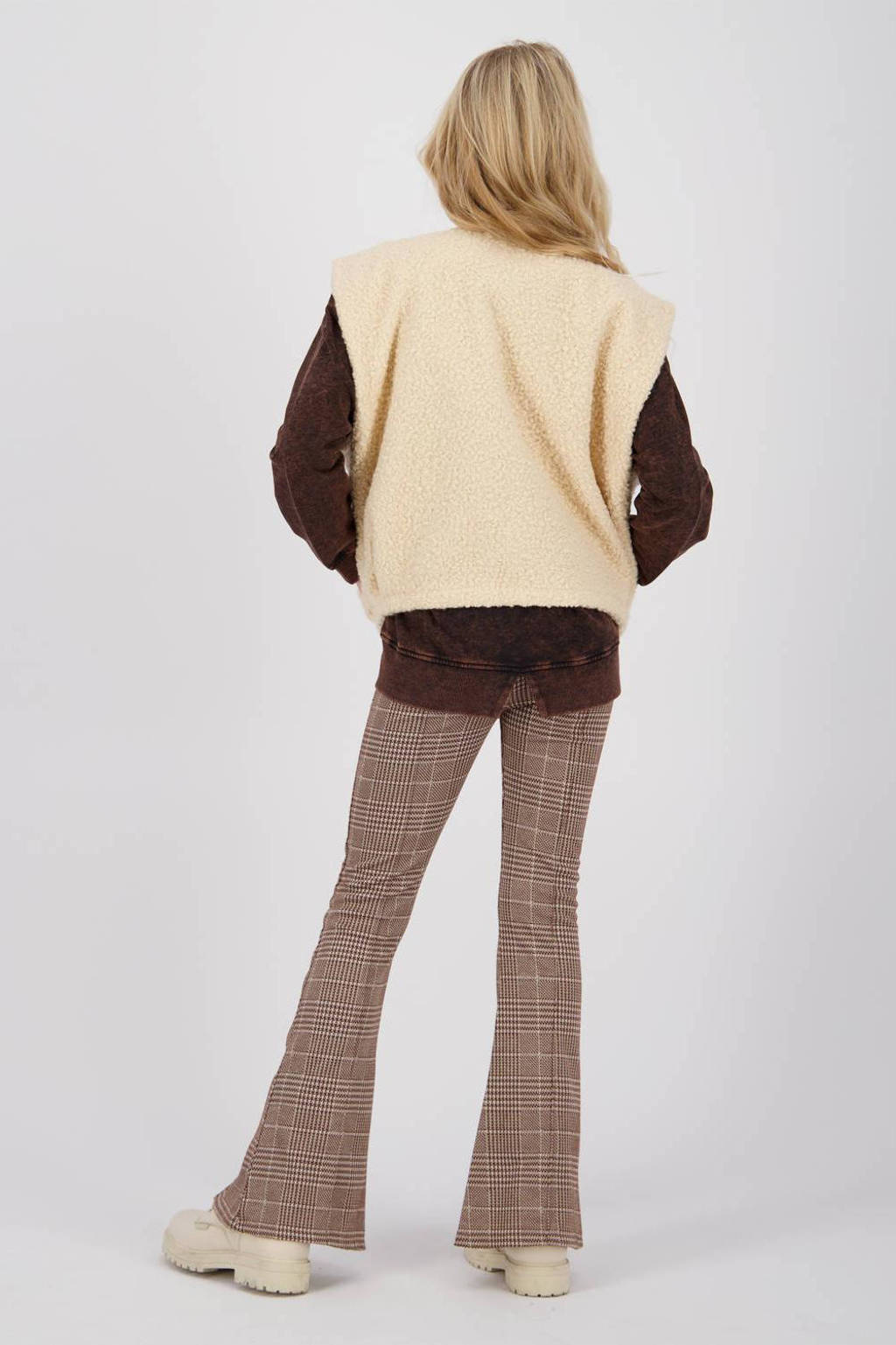 Vingino geruite flared broek Sanima lichtbruin/ecru