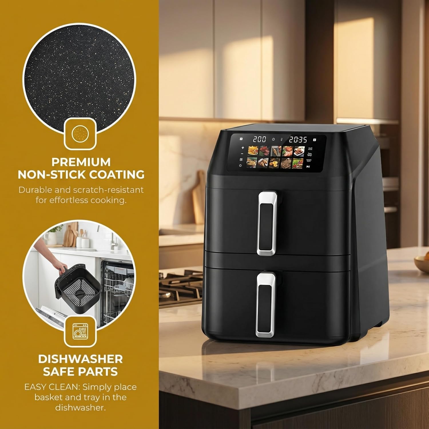 Airfryer, Heißluftfritteuse 2 Kammern, 12 L Heissluftfritteuse, Innovative Mehrfach-Luftgeschwindigkeit, Spart 41 Prozent Platz,10 Programme Mit Automatisch Voreingestellter