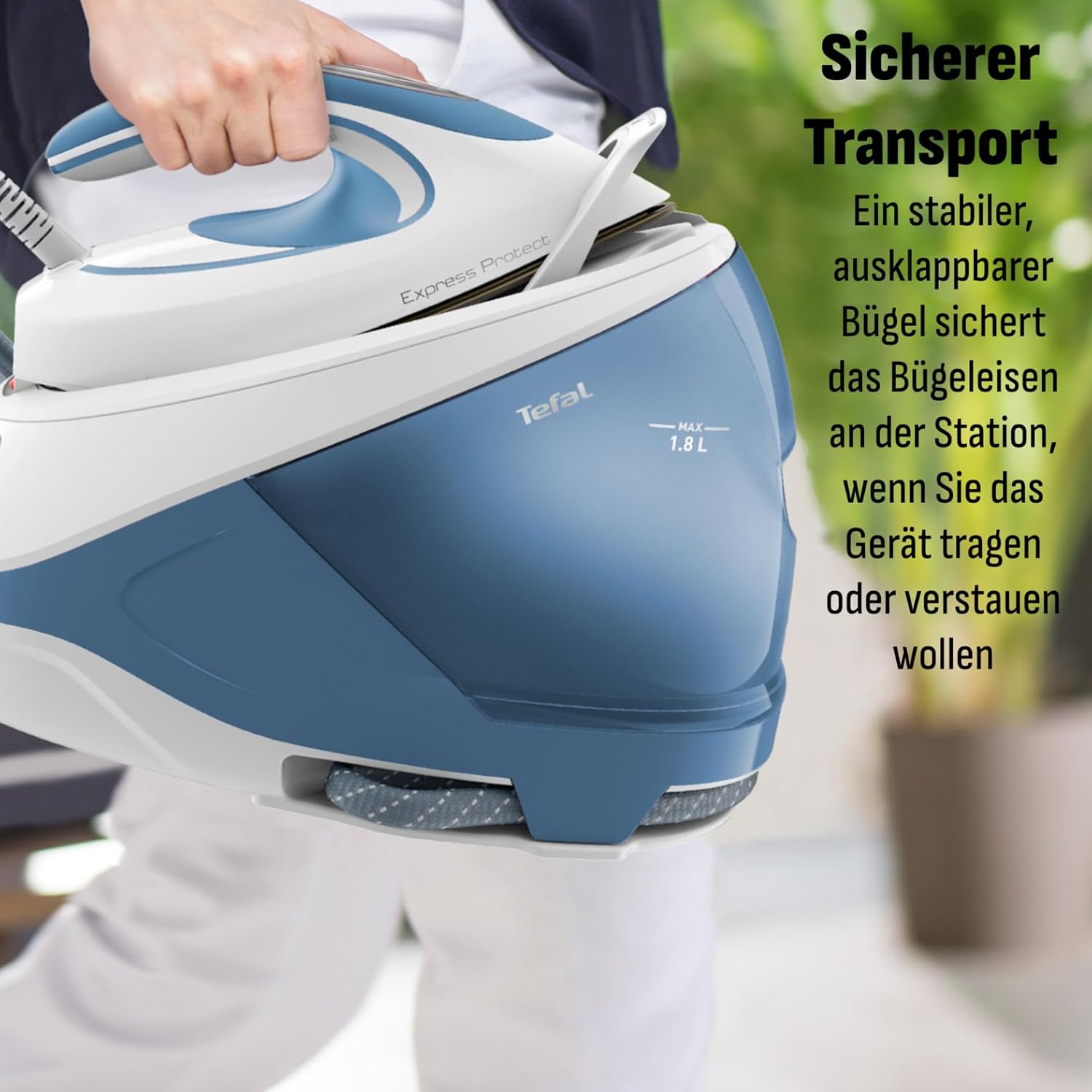 Tefal Dampfbügelstation Express Protect, leistungsstarker 7,5-Bar-Druck, Dampfstoß: 520 g/Min., 1,8 L Wassertank, Smart Temp-Technologie, Kalk-Kollektor, Bügeleisen Dampfstation, weiß/blau, SV9202