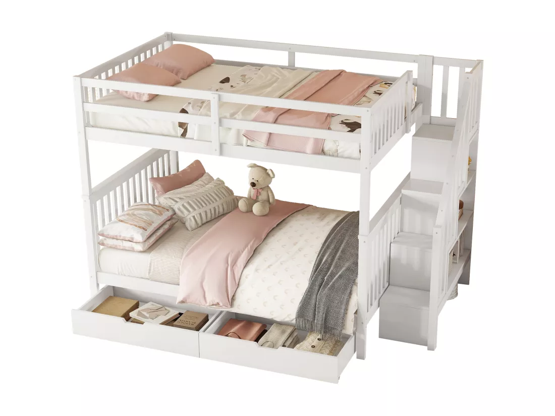 Lits superposés 2 x 140 x 200 cm pour enfant - étagère d'escalier + 2 tiroirs - bois MDF - Blanc