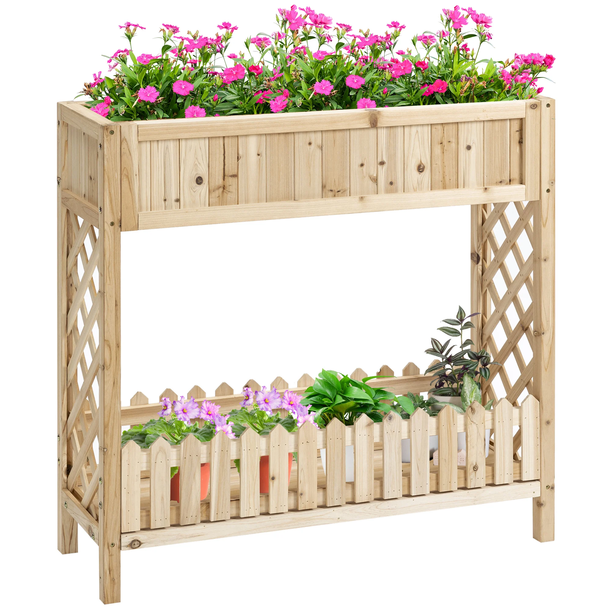 Canteiro elevado de madeira Outsunny para jardim urbano, 90x30x90 cm, com prateleira inferior, cerca viva decorativa e 4 orifícios de drenagem para plantas, vasos e flores (cor natural).