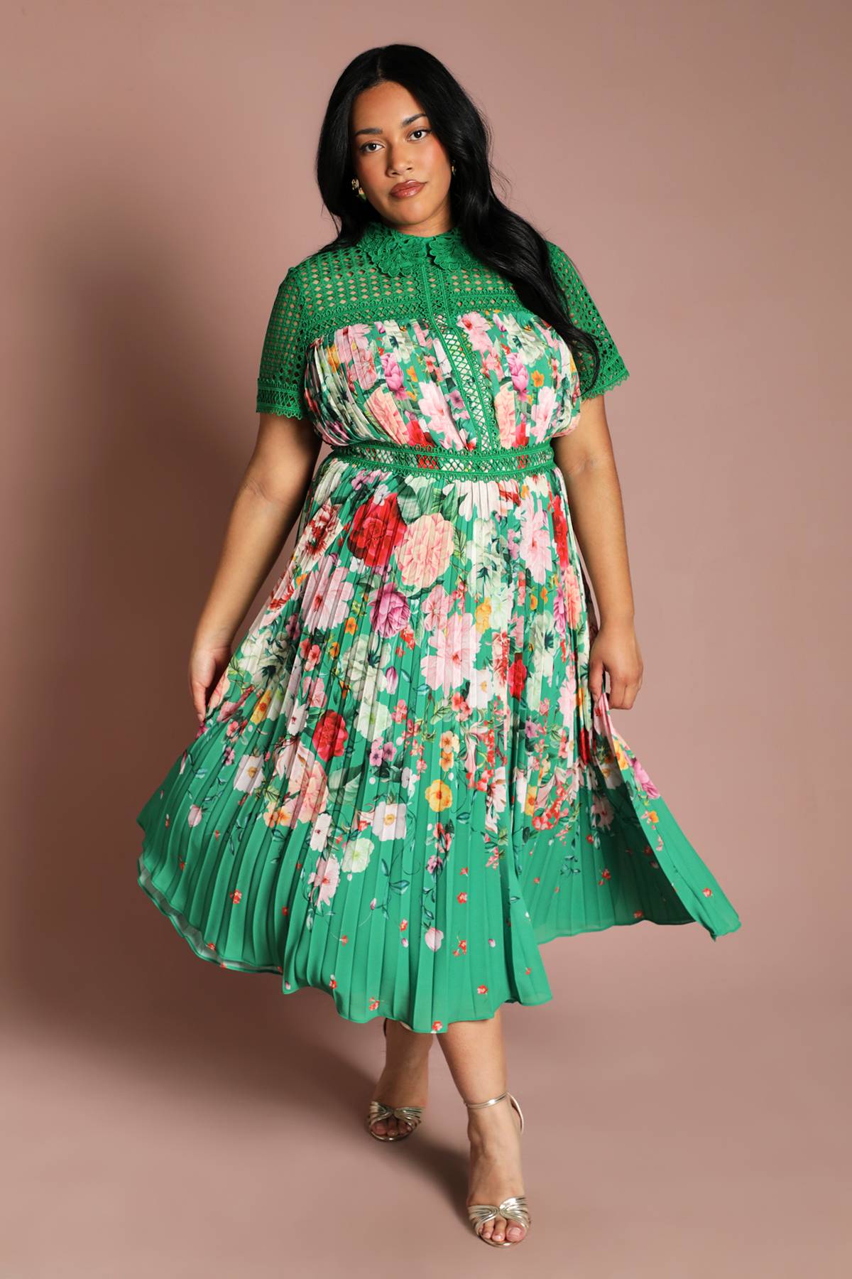 Coast Robe Midi Grande Taille À Dentelle Plissée Et Imprimé Placé