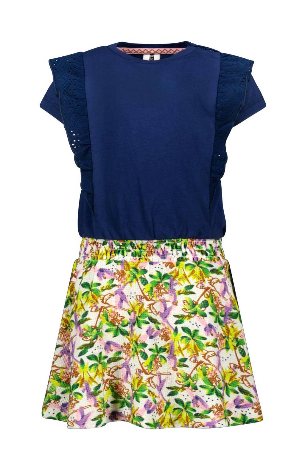B.Nosy gebloemde jurk donkerblauw/groen/roze