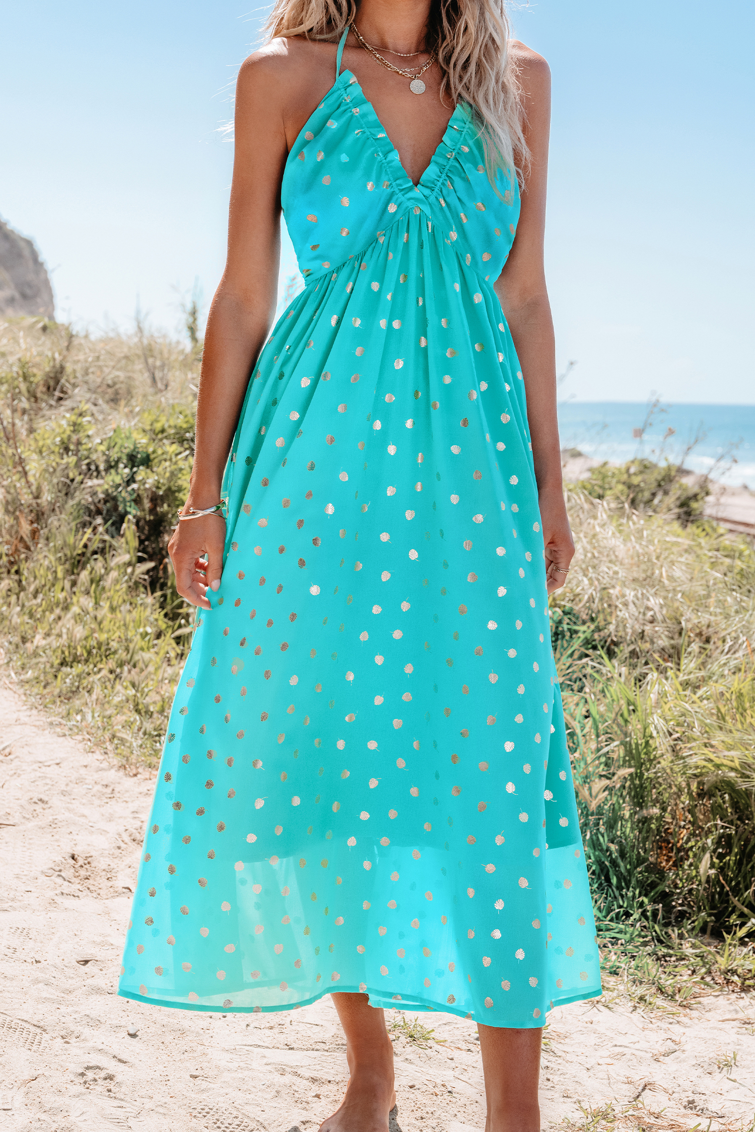 Robe midi à col licou et pois de couleur menthe