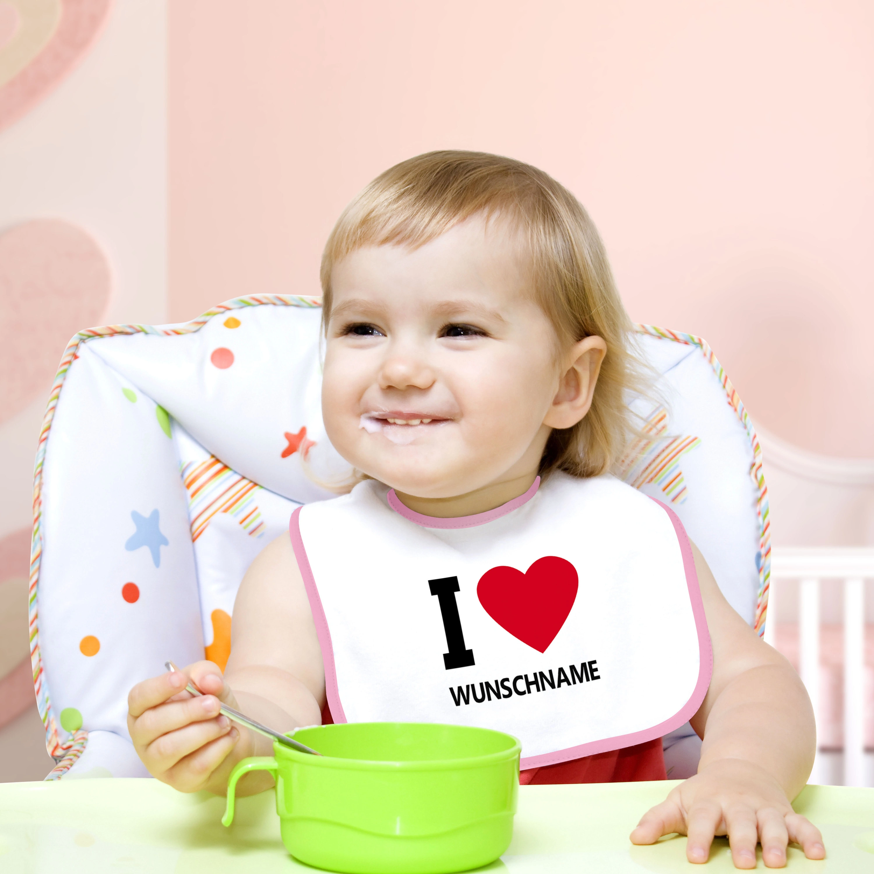 Baby-Lätzchen mit Namen, rosa (Motiv: I Love)